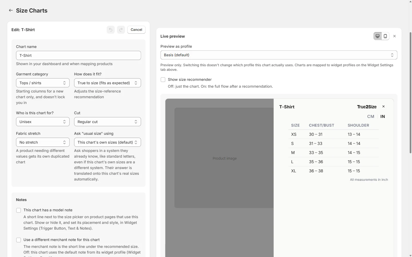 The size chart editor: chart name, garment category, fit, who the chart is for, cut, stretch and notes on the left, with a live preview of the chart on the right.