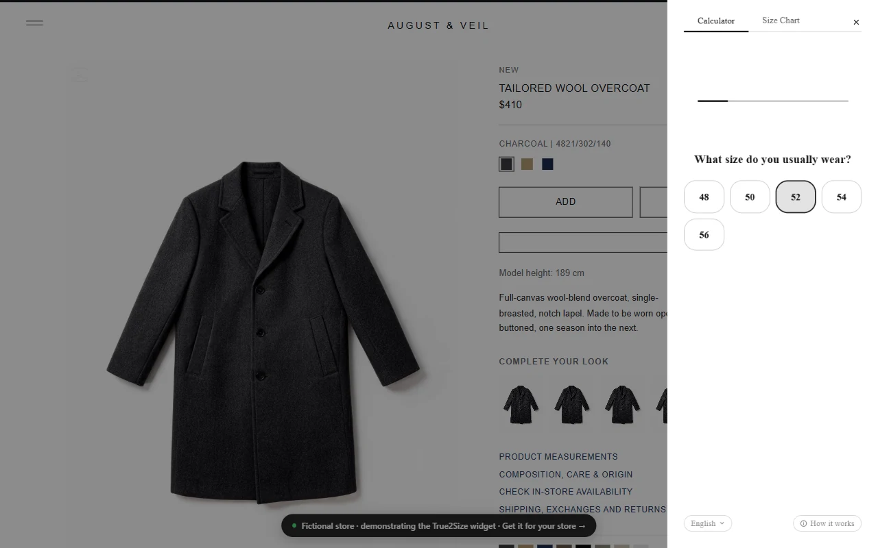A product page with the True2Size widget open as a panel on the right, asking what size the shopper usually wears.