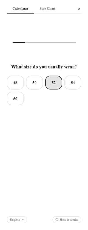 The question screen asking "What size do you usually wear?" with size buttons.