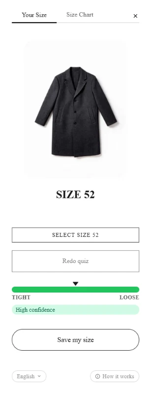 The result screen showing "Size 52", a Select size button, a fit bar and a Save my size button.