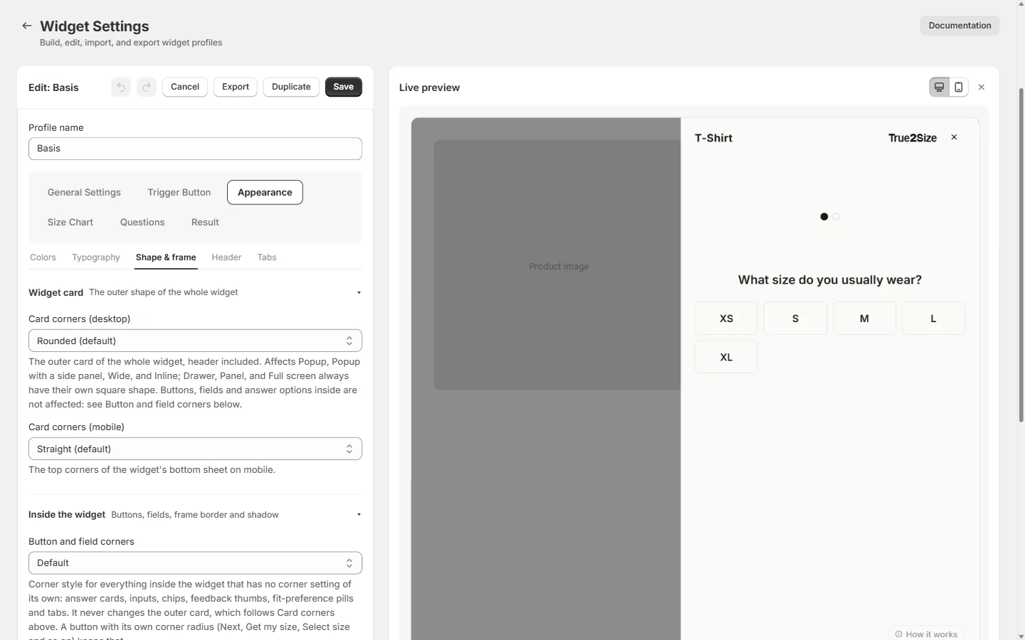 The Widget Settings editor: profile name, six tab groups, the Shape and frame settings, and a live preview of the widget on the right.