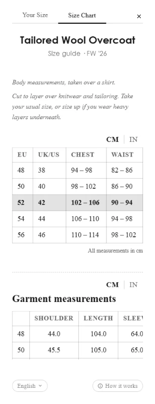 The size chart tab with a header, an explanation, and a measurement table with the recommended size highlighted.