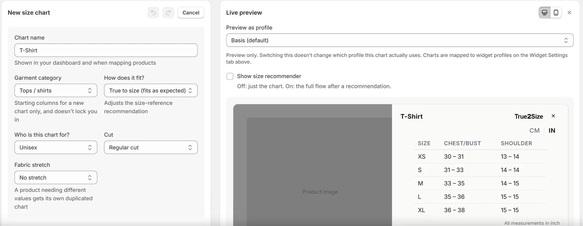 The size chart editor with a live preview