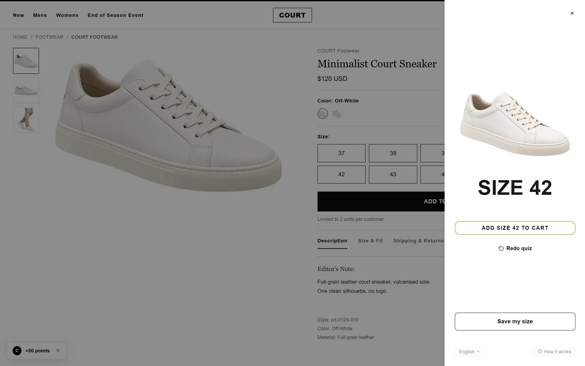 The size recommendation open in a side panel on a sneaker product page