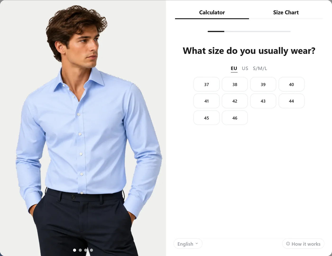 The size recommender asking what size the shopper usually wears, with an EU, US and S/M/L switch