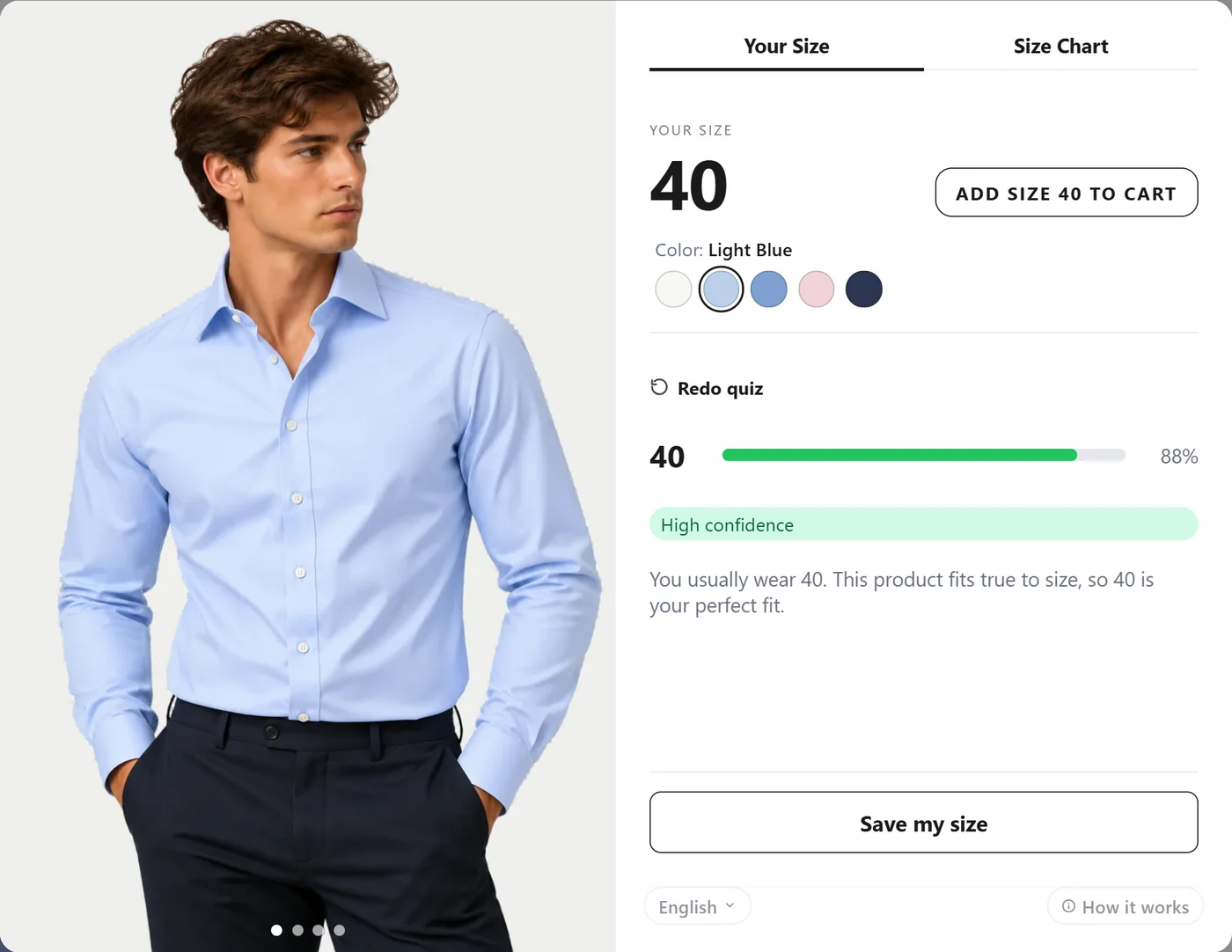 The recommended size 40 with colour options and an Add to cart button