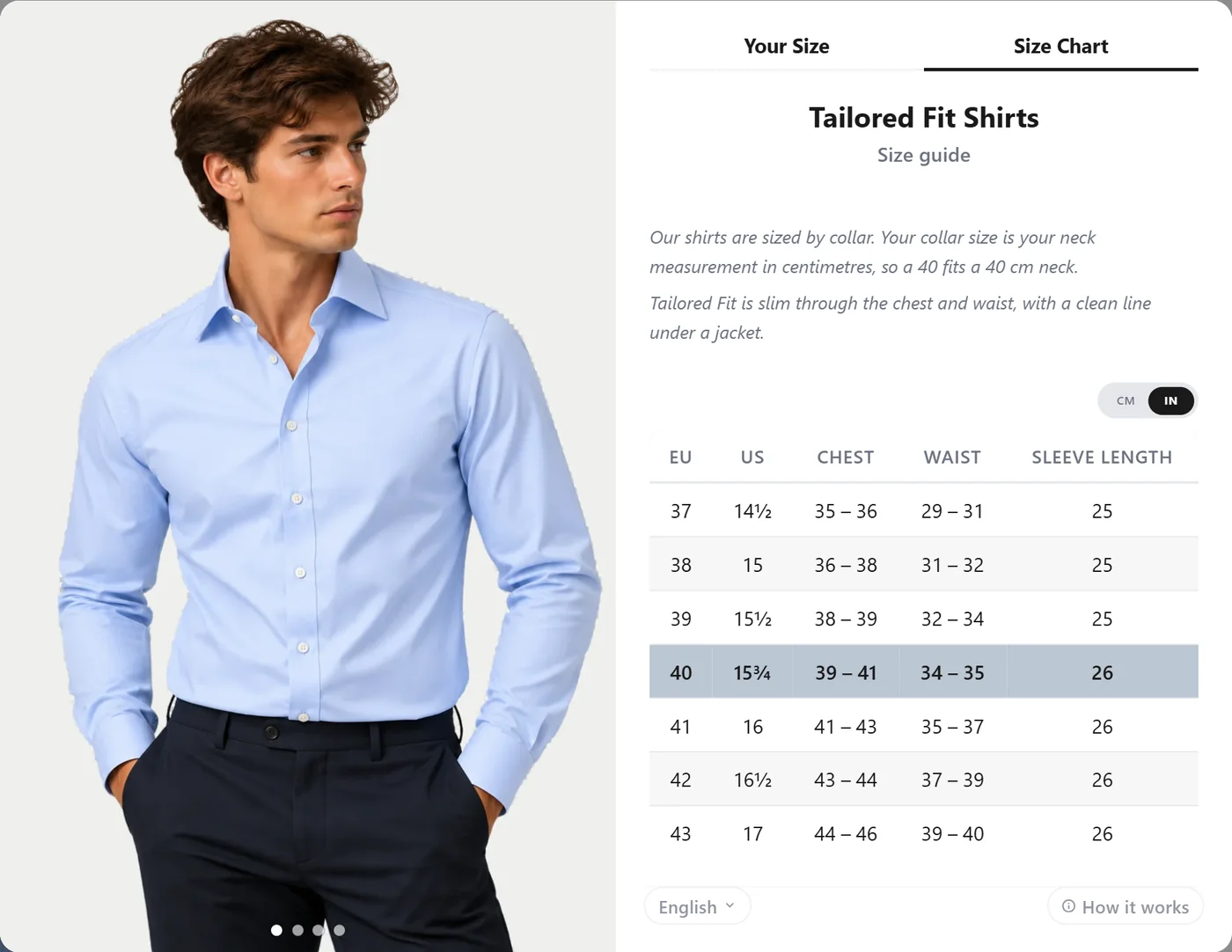 A shirt size chart with EU and US collar sizes, chest, waist and sleeve length